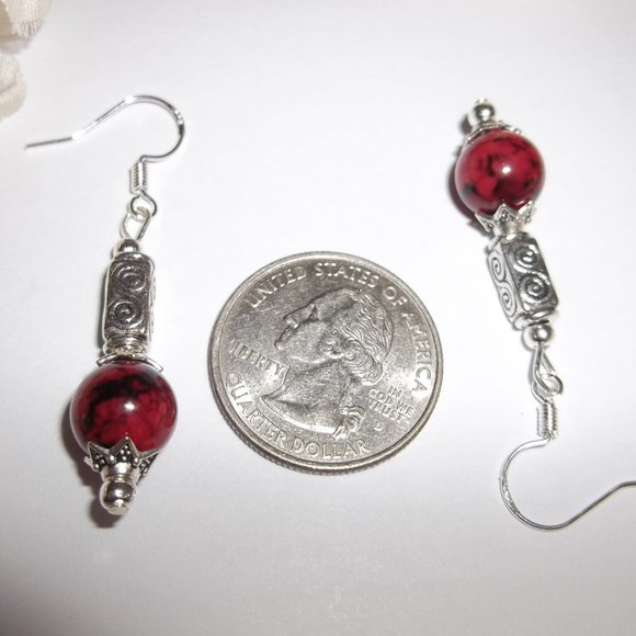 Dangle Earrings Set Dark Red and Silver Beaded Fashion Jewelry Gift for Her 7093 - Picture 4 of 8